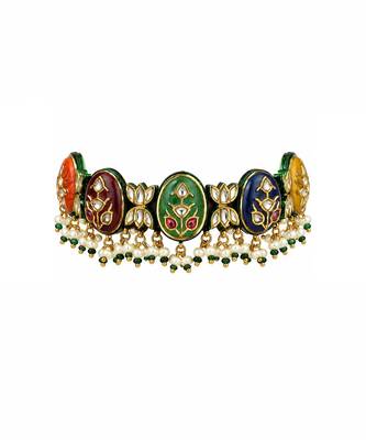 Gold plated navratna multicolor kundan choker earring set 3