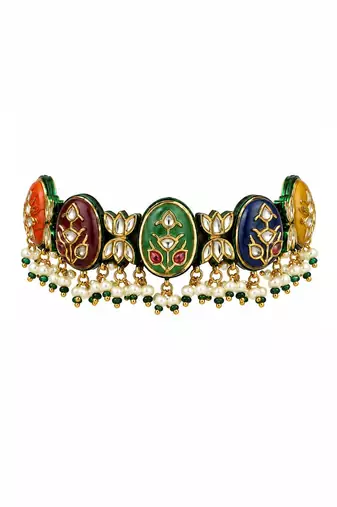 Gold plated navratna multicolor kundan choker earring set