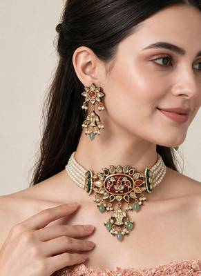Gold plated navratna kundan pearl statement choker earring set 1