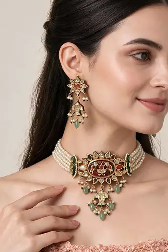 Gold plated navratna kundan pearl statement choker earring set
