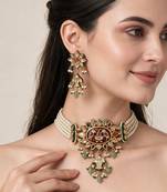 Gold plated navratna kundan pearl statement choker earring set