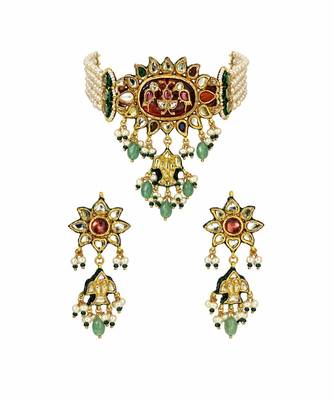 Gold plated navratna kundan pearl statement choker earring set 2