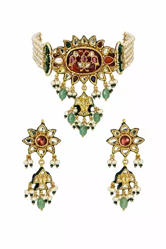 Gold plated navratna kundan pearl statement choker earring set