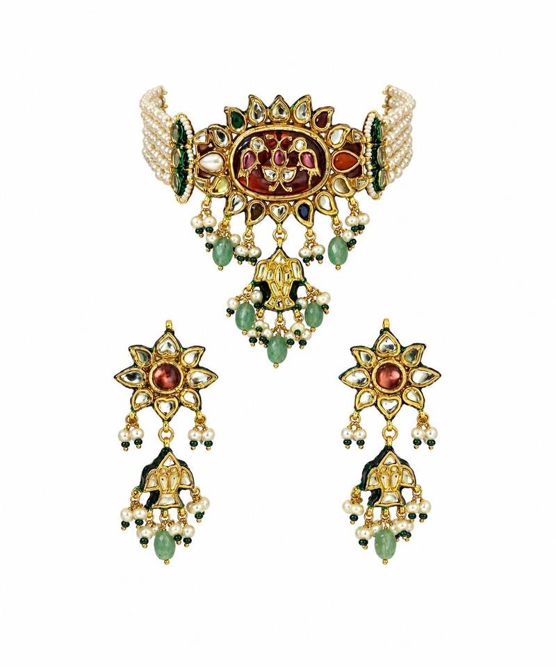 Gold plated navratna kundan pearl statement choker earring set