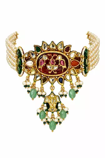 Gold plated navratna kundan pearl statement choker earring set