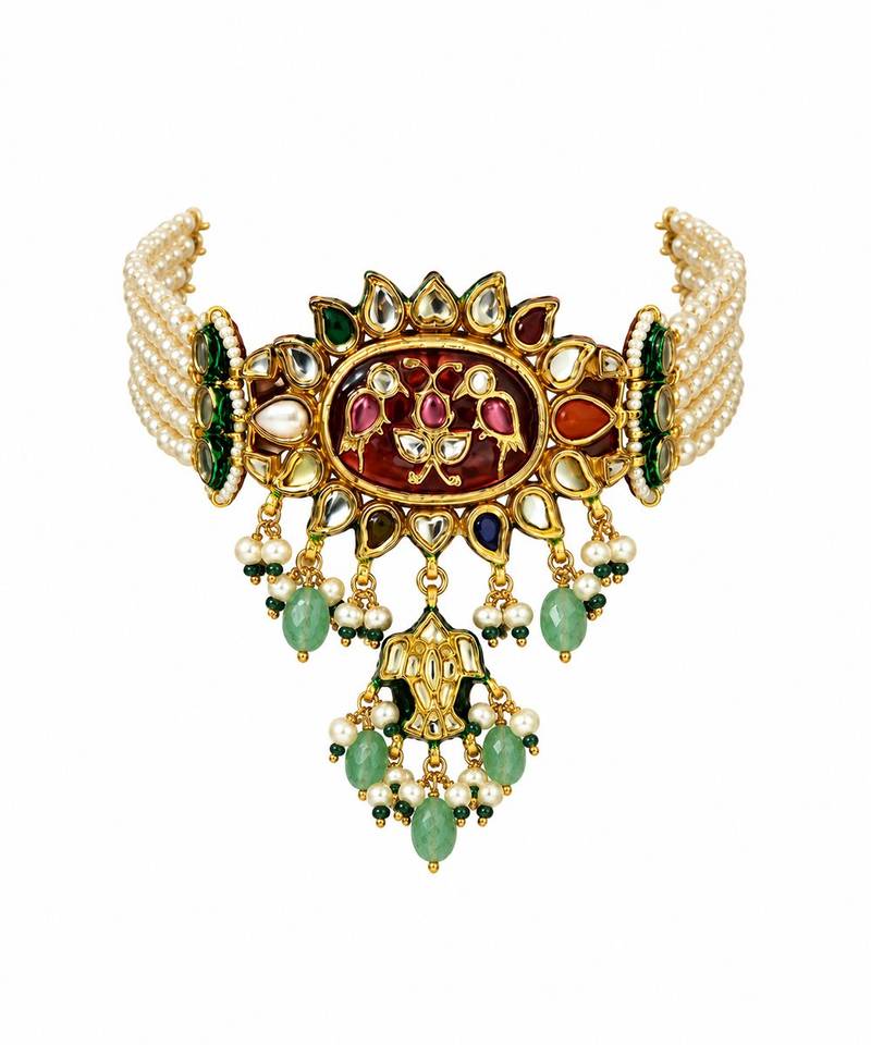 Gold plated navratna kundan pearl statement choker earring set