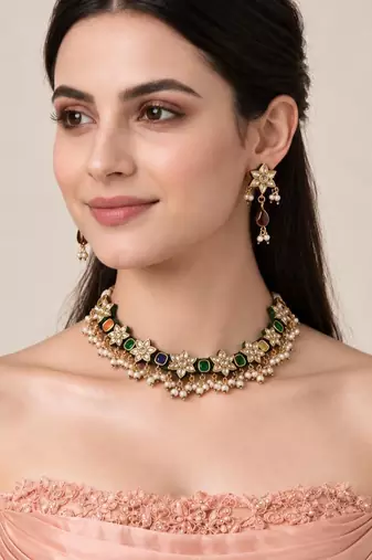 Gold plated navratna kundan floral necklace and earring set