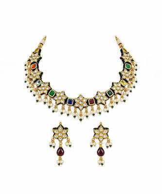 Gold plated navratna kundan floral necklace and earring set 2