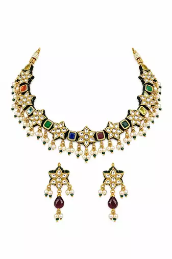 Gold plated navratna kundan floral necklace and earring set