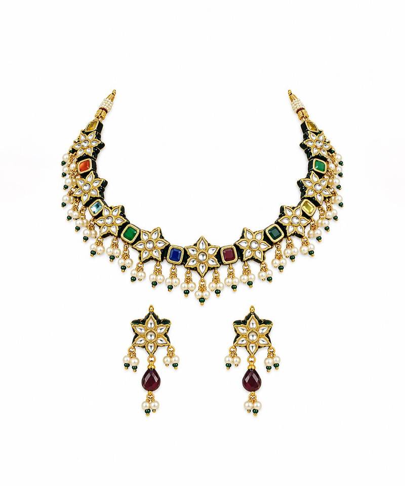 Gold plated navratna kundan floral necklace and earring set