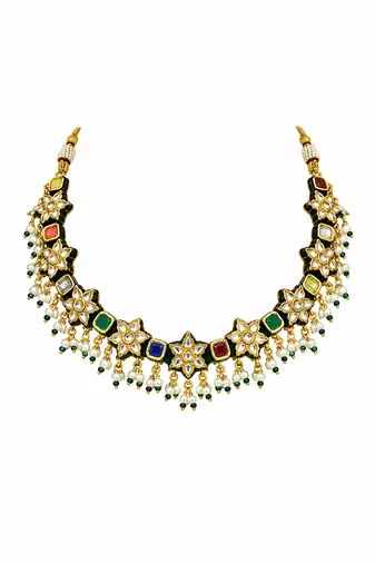 Gold plated navratna kundan floral necklace and earring set
