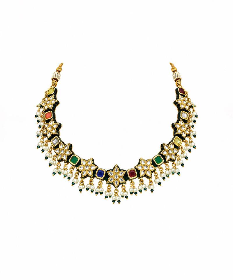 Gold plated navratna kundan floral necklace and earring set