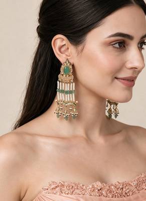 Gold plated sage green kundan statement earrings 1