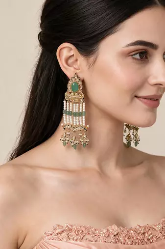Gold plated sage green kundan statement earrings