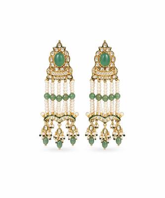 Gold plated sage green kundan statement earrings 2