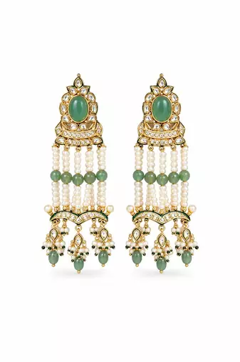 Gold plated sage green kundan statement earrings