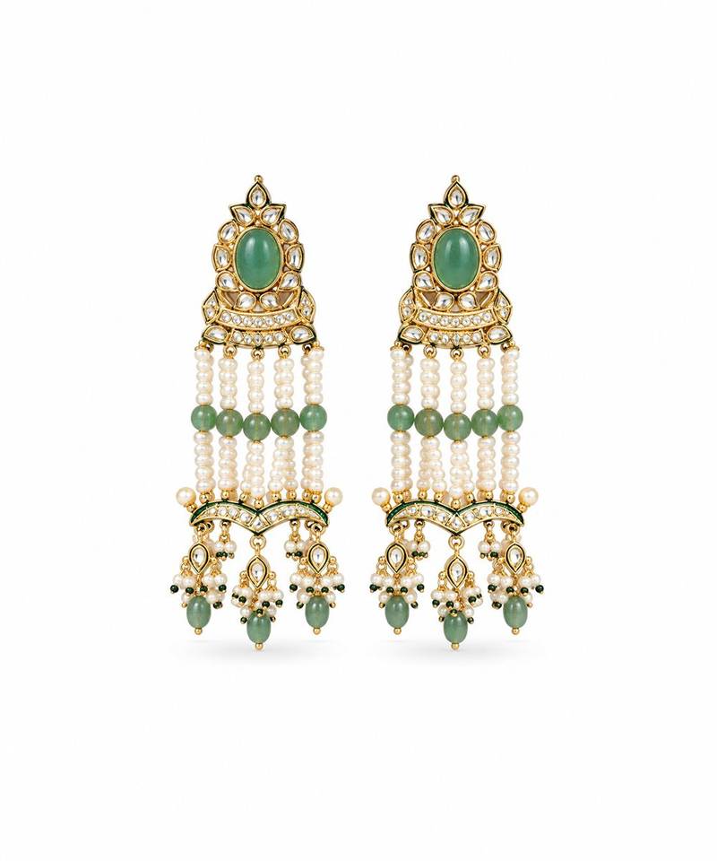 Gold plated sage green kundan statement earrings