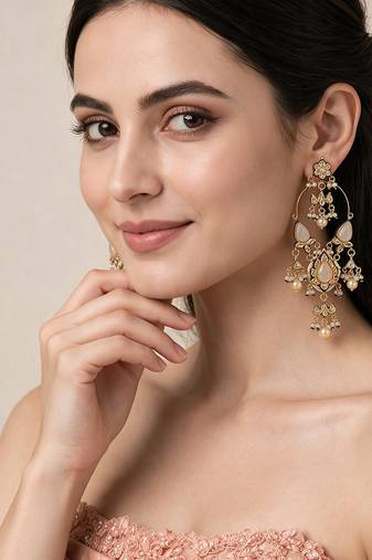 Gold plated kundan statement drop earrings