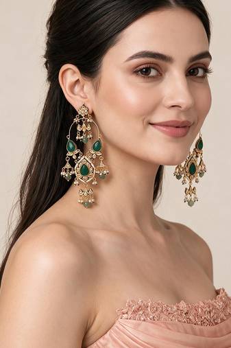 Gold plated emerald green kundan statement drop earrings
