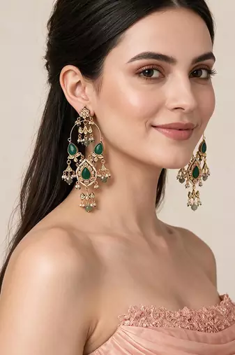 Gold plated emerald green kundan statement drop earrings