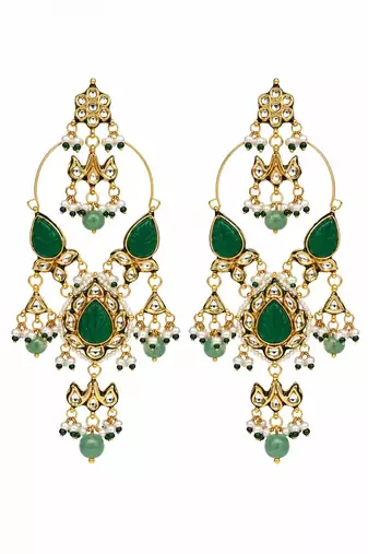 Gold plated emerald green kundan statement drop earrings