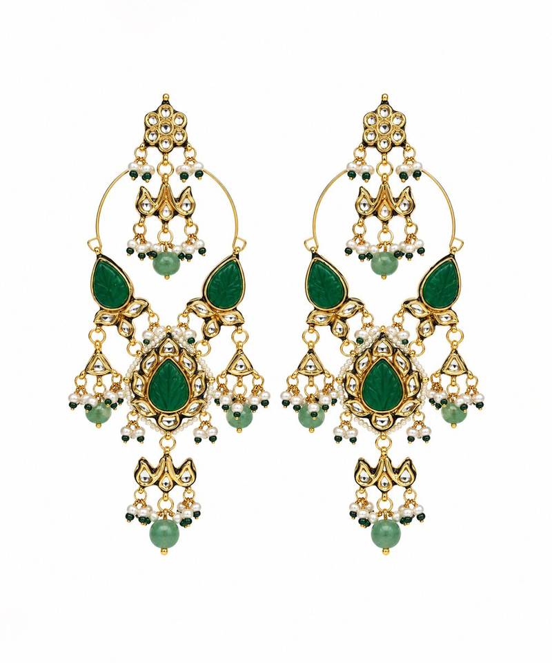 Gold plated emerald green kundan statement drop earrings