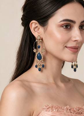 Gold plated sapphire kundan statement drop earrings 1