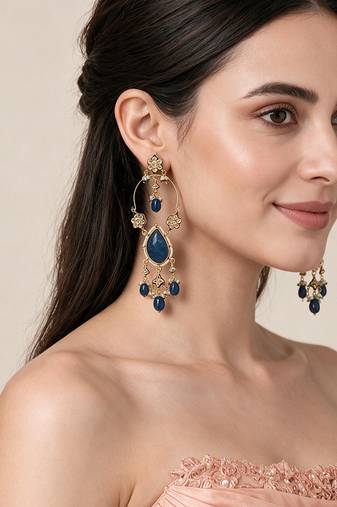 Gold plated sapphire kundan statement drop earrings