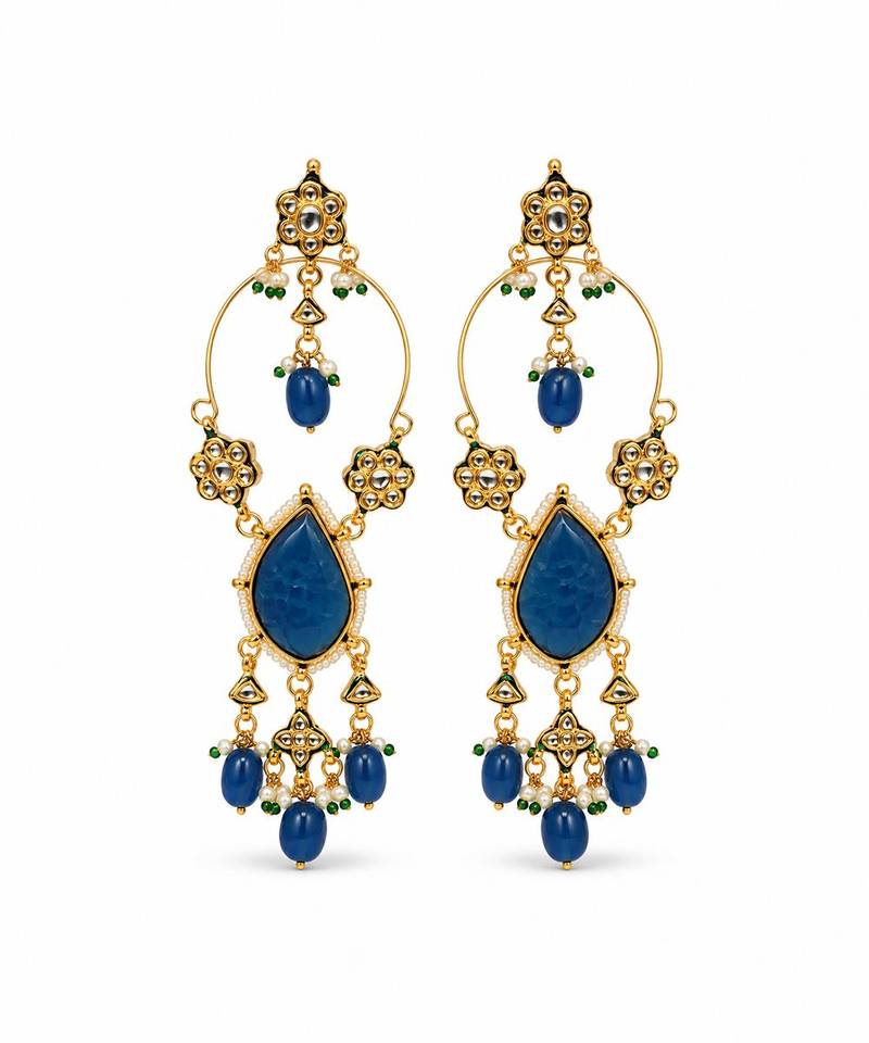 Gold plated sapphire kundan statement drop earrings