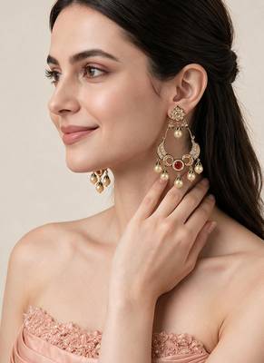 Gold plated ruby red kundan statement drop earrings 1