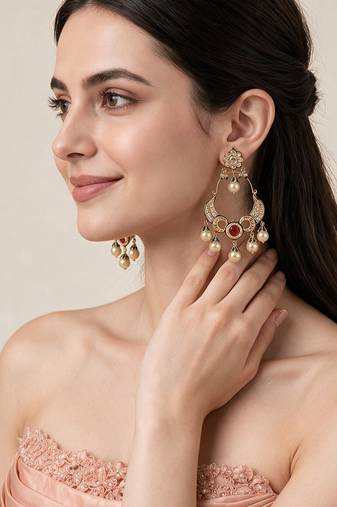 Gold plated ruby red kundan statement drop earrings