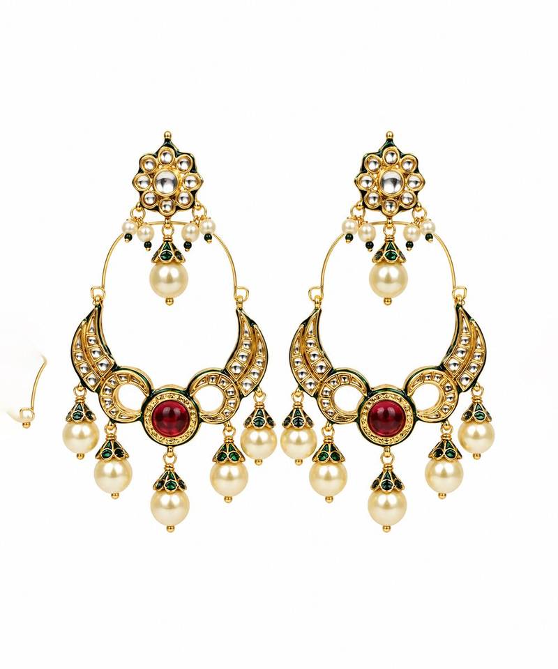 Gold plated ruby red kundan statement drop earrings
