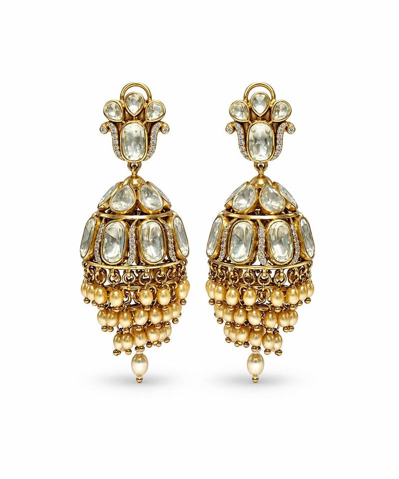 Gold plated moissanite polki jhumka earrings