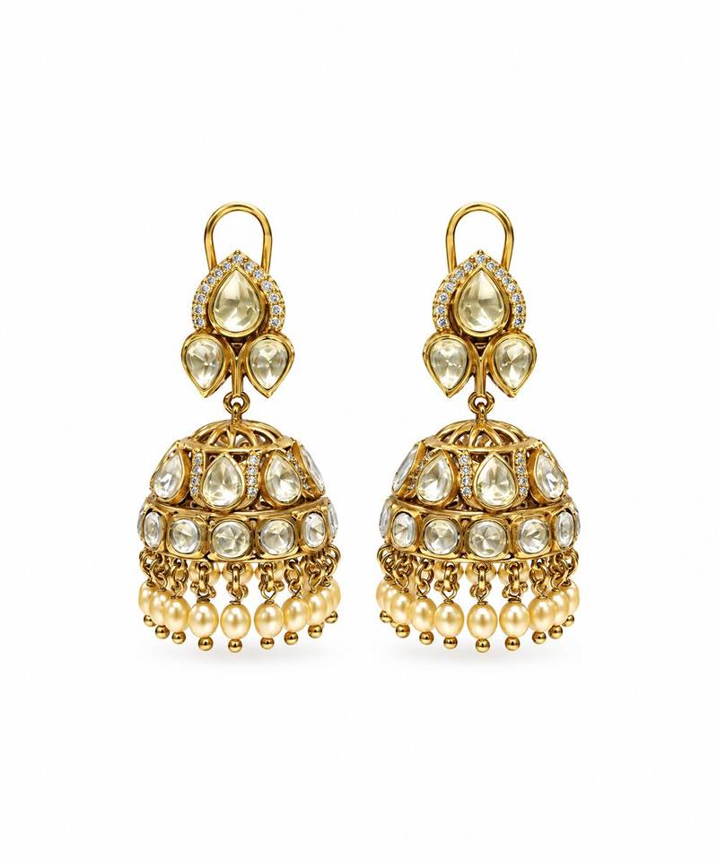 Gold plated moissanite polki jhumka earrings