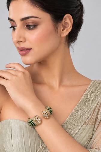 Gold plated emerald green moissanite polki statement bangle