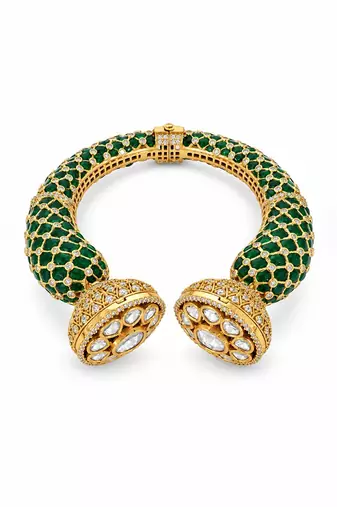 Gold plated emerald green moissanite polki statement bangle
