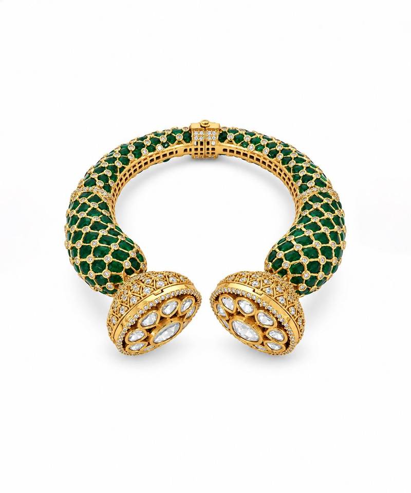 Gold plated emerald green moissanite polki statement bangle