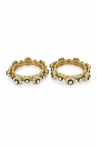 Gold plated emerald green moissanite polki bangle set