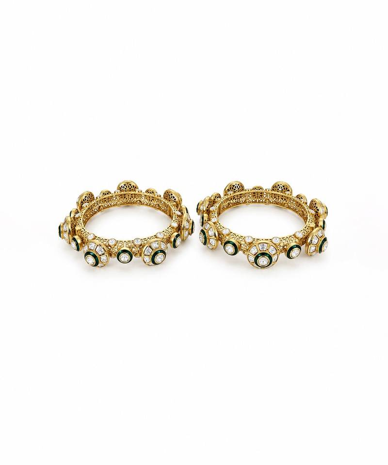 Gold plated emerald green moissanite polki bangle set