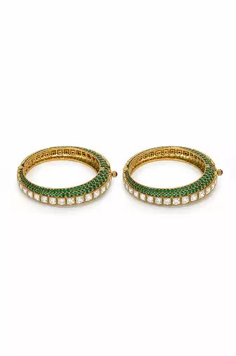 Gold plated emerald green edge moissanite polki bangles