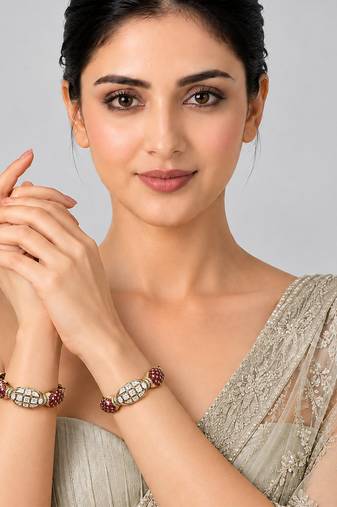 Gold plated ruby red accent moissanite polki bangles