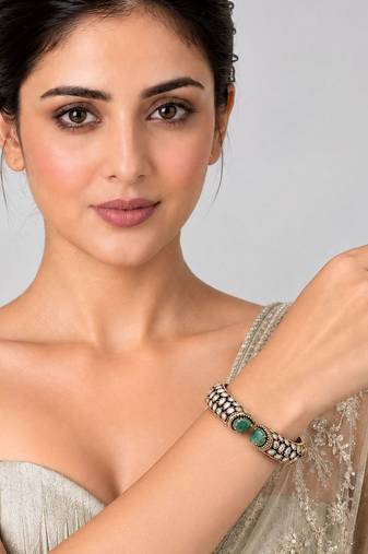 Gold plated emerald green pearl moissanite polki kada