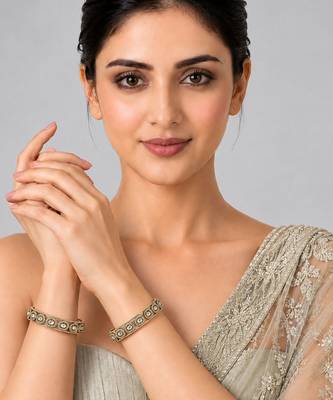 Gold plated round motif moissanite polki bangles 1