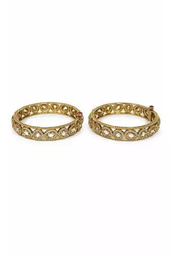 Gold plated round motif moissanite polki bangles