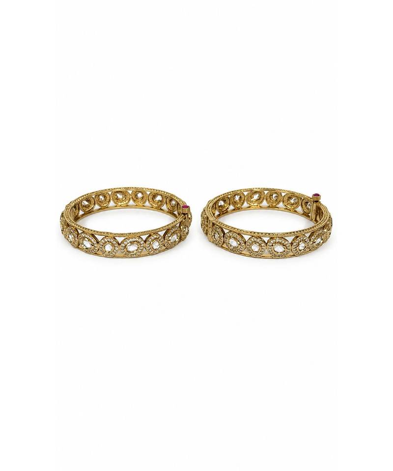 Gold plated round motif moissanite polki bangles