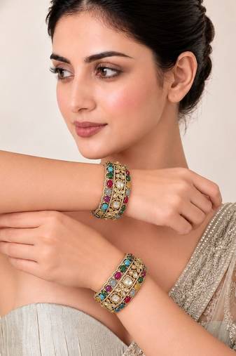 Gold plated multicolor moissanite polki statement bangles