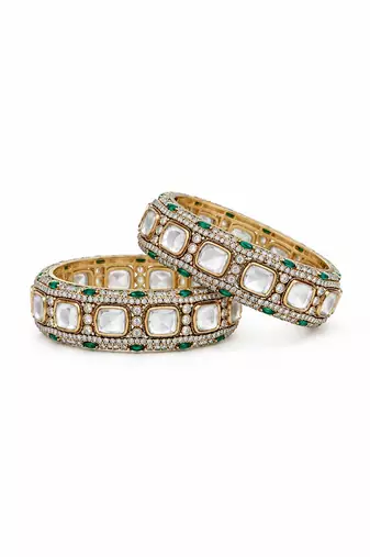 Gold plated emerald green moissanite polki statement bangles