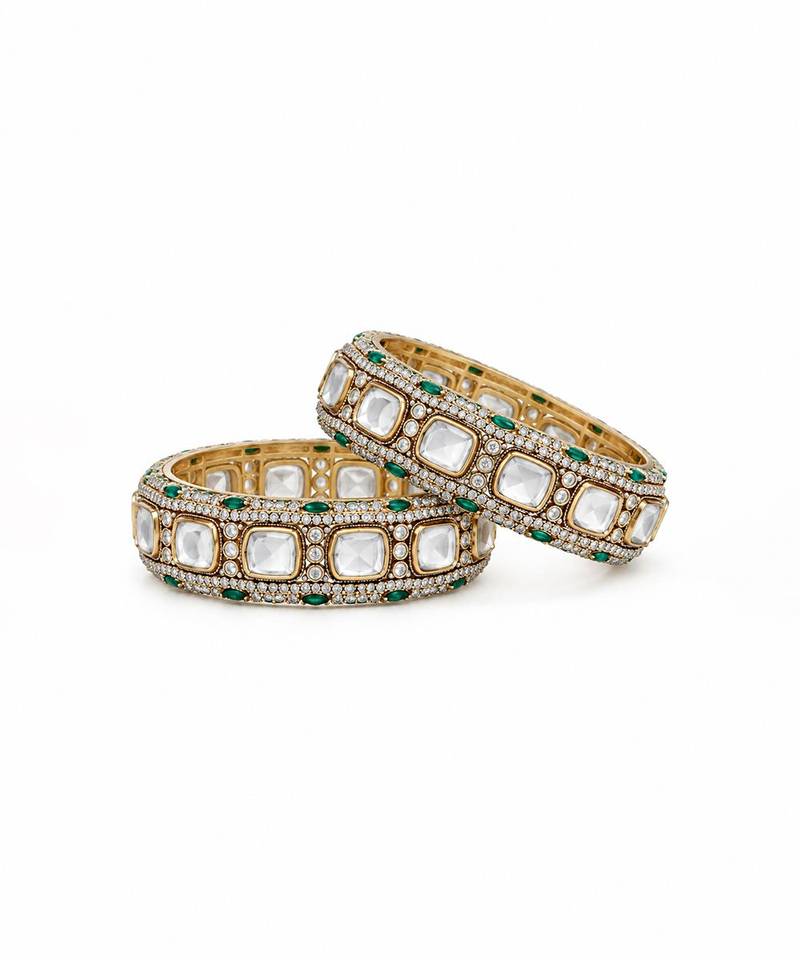 Gold plated emerald green moissanite polki statement bangles