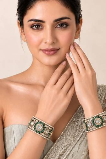 Gold plated emerald green moissanite polki statement bangles