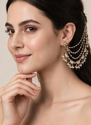 Gold plated kundan pearl earchain 1